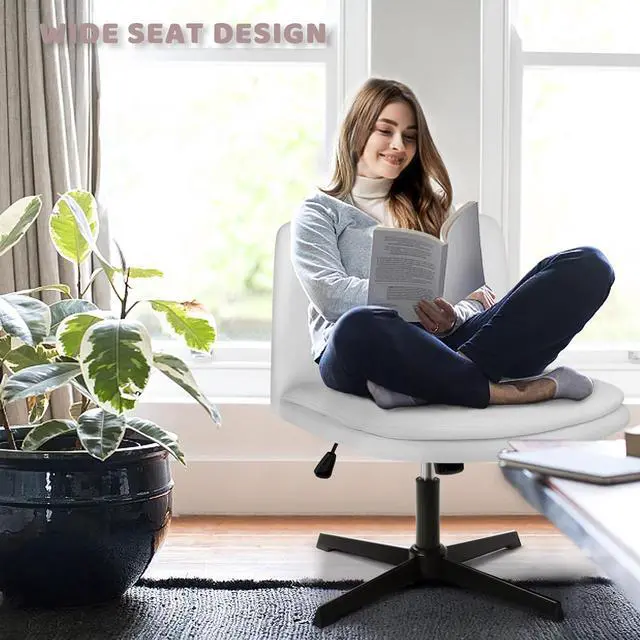 Alt view image 5 of 7 - BOSSIN PU Leather Armless Office Desk Chair No Wheels,Criss Cross Legged Wide Padded Seat Swivel Vanity Chair,120°Rocking Mid Back Ergonomic Computer Task Chair for Make Up,Small Space