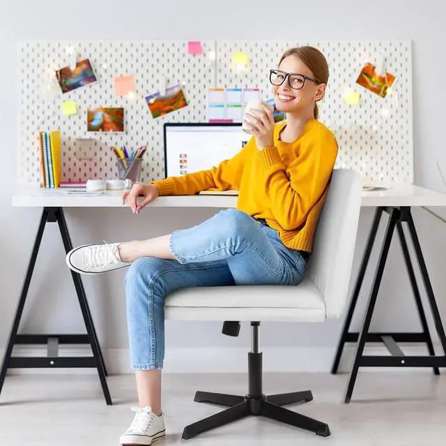 Alt view image 6 of 7 - BOSSIN PU Leather Armless Office Desk Chair No Wheels,Criss Cross Legged Wide Padded Seat Swivel Vanity Chair,120°Rocking Mid Back Ergonomic Computer Task Chair for Make Up,Small Space