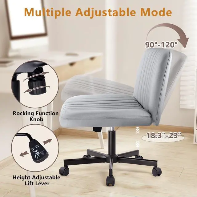 Alt view image 3 of 7 - BOSSIN Cross Chair with Wheels, Cross Legged Office Vanity Chair with Wheels, Comfortable Grey Vanity Chair with Back, PU Leather Armless Wide Swivel Criss Cross Desk Chair for Home Office