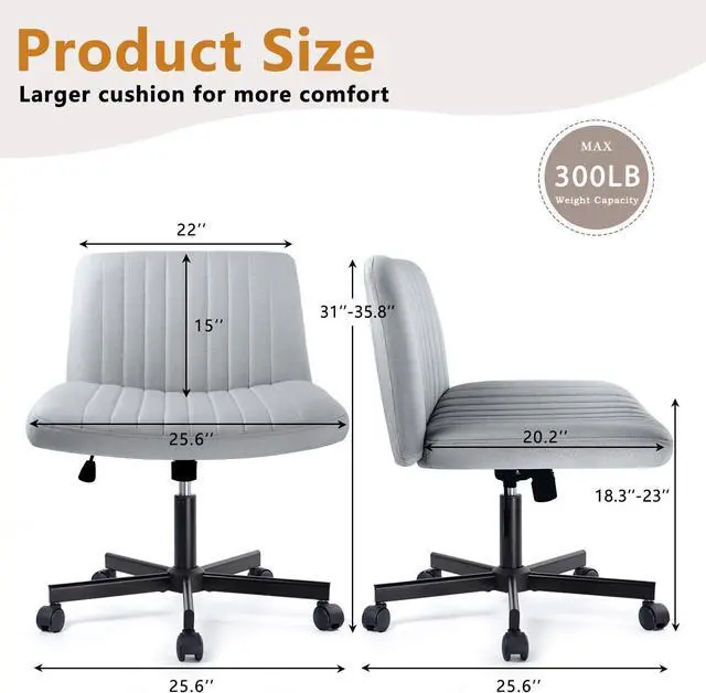 Alt view image 7 of 7 - BOSSIN Cross Chair with Wheels, Cross Legged Office Vanity Chair with Wheels, Comfortable Grey Vanity Chair with Back, PU Leather Armless Wide Swivel Criss Cross Desk Chair for Home Office