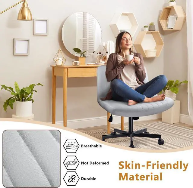 Alt view image 2 of 7 - BOSSIN Cross Chair with Wheels, Cross Legged Office Vanity Chair with Wheels, Comfortable Grey Vanity Chair with Back, PU Leather Armless Wide Swivel Criss Cross Desk Chair for Home Office