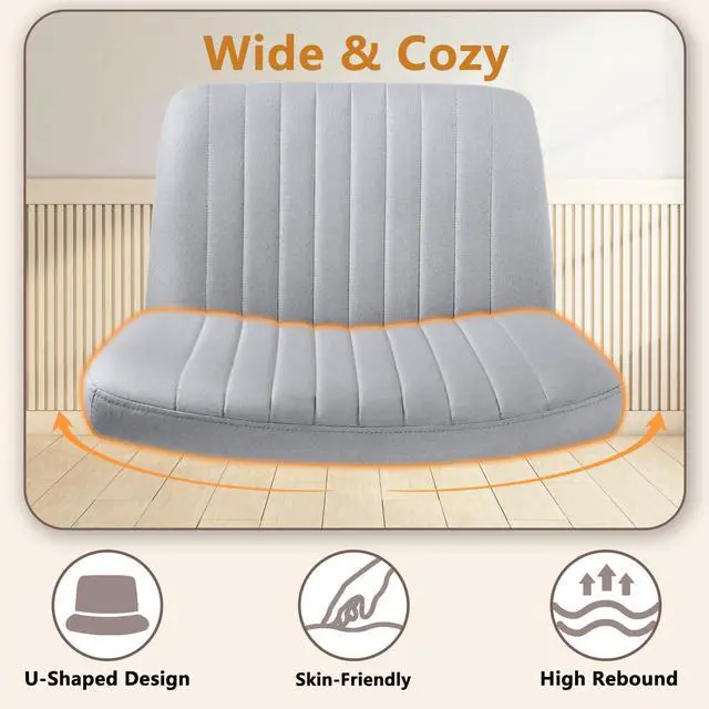 Alt view image 4 of 7 - BOSSIN Cross Chair with Wheels, Cross Legged Office Vanity Chair with Wheels, Comfortable Grey Vanity Chair with Back, PU Leather Armless Wide Swivel Criss Cross Desk Chair for Home Office