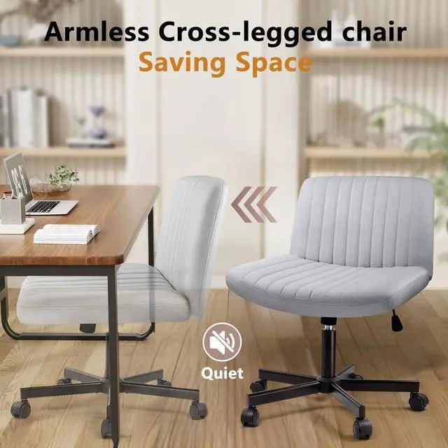 Alt view image 6 of 7 - BOSSIN Cross Chair with Wheels, Cross Legged Office Vanity Chair with Wheels, Comfortable Grey Vanity Chair with Back, PU Leather Armless Wide Swivel Criss Cross Desk Chair for Home Office