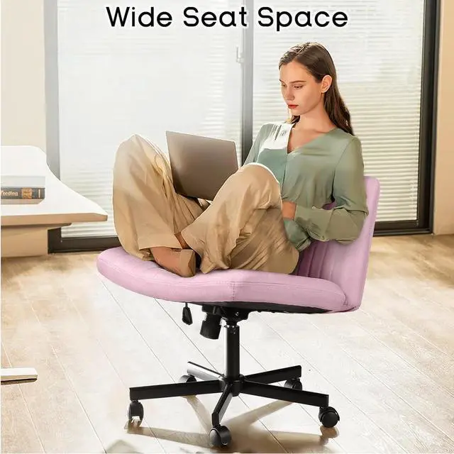 Alt view image 6 of 7 - BOSSIN Criss Cross Chair with Wheels,Fabric Padded Armless Cross Legged Office Desk Chair for Home Office,Modern Swivel Height Adjustable Wide Seat Computer Task Vanity Chair(Pink)