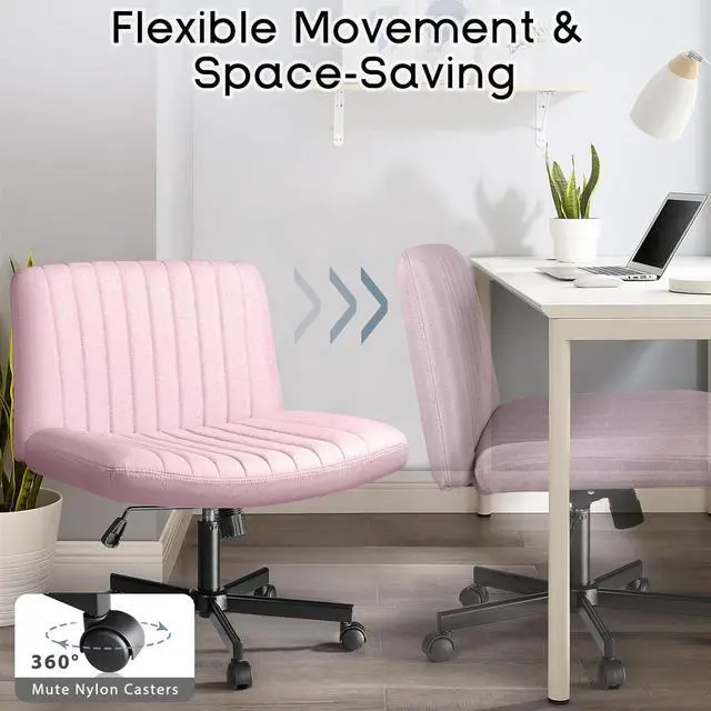 Alt view image 2 of 7 - BOSSIN Criss Cross Chair with Wheels,Fabric Padded Armless Cross Legged Office Desk Chair for Home Office,Modern Swivel Height Adjustable Wide Seat Computer Task Vanity Chair(Pink)