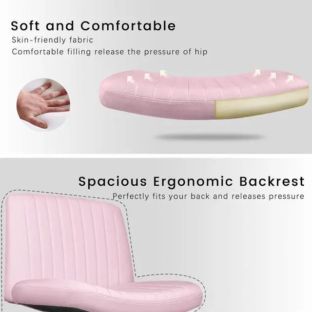 Alt view image 3 of 7 - BOSSIN Criss Cross Chair with Wheels,Fabric Padded Armless Cross Legged Office Desk Chair for Home Office,Modern Swivel Height Adjustable Wide Seat Computer Task Vanity Chair(Pink)