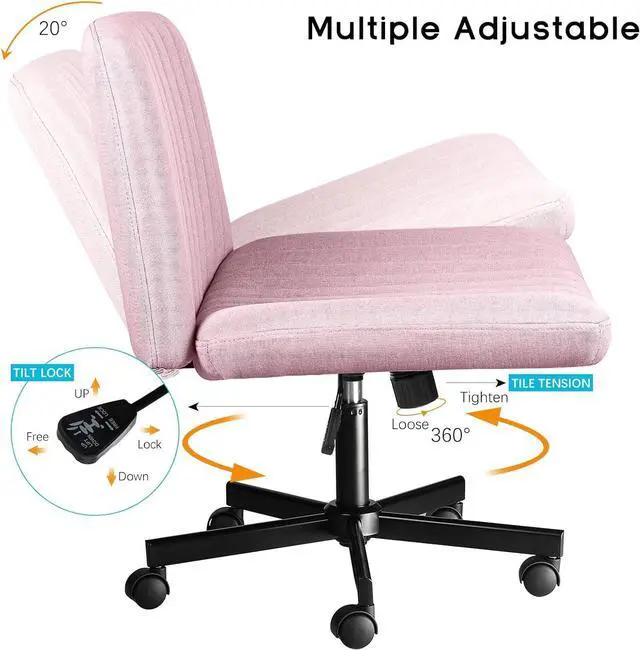 Alt view image 5 of 7 - BOSSIN Criss Cross Chair with Wheels,Fabric Padded Armless Cross Legged Office Desk Chair for Home Office,Modern Swivel Height Adjustable Wide Seat Computer Task Vanity Chair(Pink)
