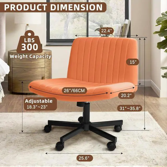 Alt view image 7 of 7 - BOSSIN Criss Cross Chair with Wheels, Wide Seat Cross Legged Office Chair Armless Ergonomic Office Chair for Home Office, Swivel Adjustable Fabric Wide Desk Chair, Computer Task Vanity Chair, Brown