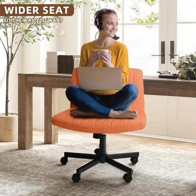 Alt view image 5 of 7 - BOSSIN Criss Cross Chair with Wheels, Wide Seat Cross Legged Office Chair Armless Ergonomic Office Chair for Home Office, Swivel Adjustable Fabric Wide Desk Chair, Computer Task Vanity Chair, Brown