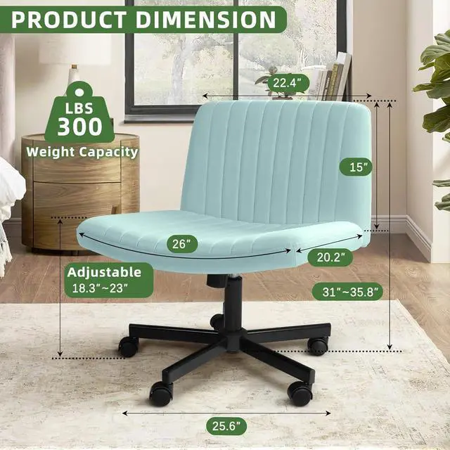 Alt view image 2 of 7 - BOSSIN Criss Cross Armless Ergonomic Office Chair with Wheels, Wide Seat, Swivel, Computer Task Vanity Chair