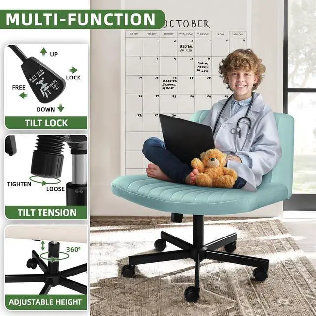 Alt view image 5 of 7 - BOSSIN Criss Cross Armless Ergonomic Office Chair with Wheels, Wide Seat, Swivel, Computer Task Vanity Chair