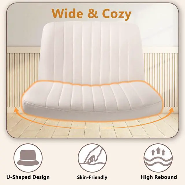 Alt view image 2 of 7 - BOSSIN Cross Chair with Wheels, Cross Legged Office Vanity Chair with Wheels, Comfortable Beige Vanity Chair with Back, Armless Fabric Adjustable Wide Swivel Criss Cross Desk Chair for Home Office
