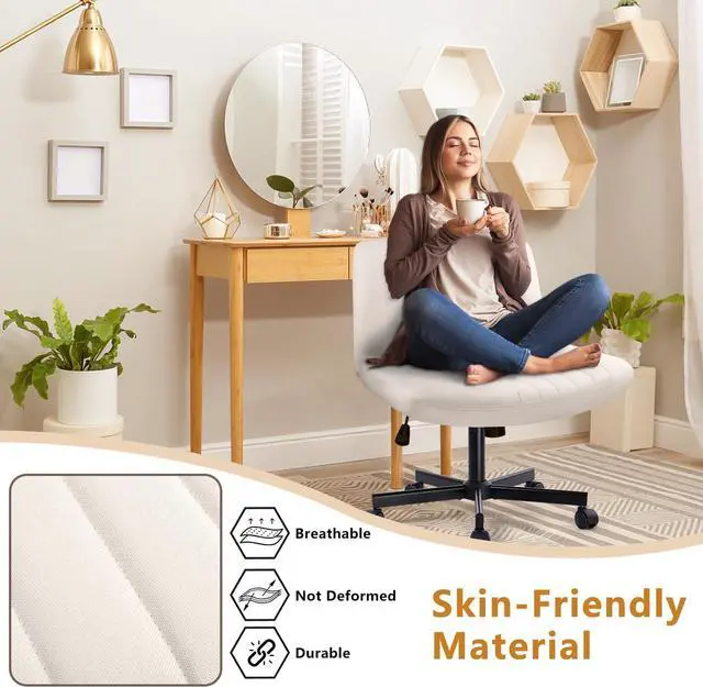 Alt view image 5 of 7 - BOSSIN Cross Chair with Wheels, Cross Legged Office Vanity Chair with Wheels, Comfortable Beige Vanity Chair with Back, Armless Fabric Adjustable Wide Swivel Criss Cross Desk Chair for Home Office