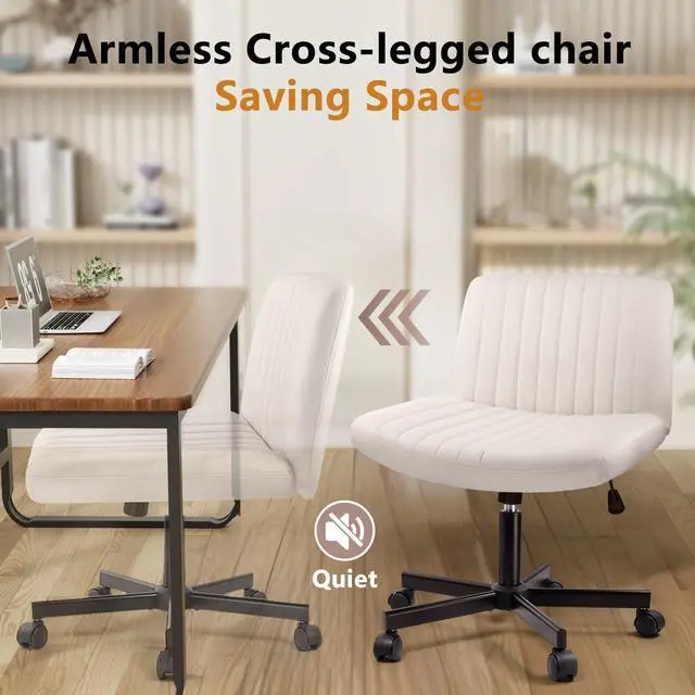 Alt view image 6 of 7 - BOSSIN Cross Chair with Wheels, Cross Legged Office Vanity Chair with Wheels, Comfortable Beige Vanity Chair with Back, Armless Fabric Adjustable Wide Swivel Criss Cross Desk Chair for Home Office