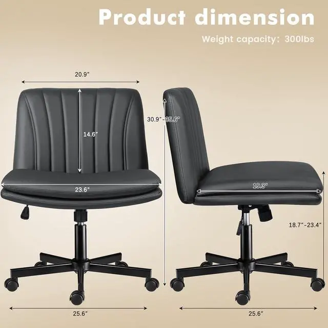 Alt view image 2 of 7 - BOSSIN Armless Office Desk Chair with Wheels,Faux Leather Cross Legged Wide Chairs, Mid Back Swivel Computer Task Chairs for Home Office,Make Up,Small Space,Bed Room, Grey