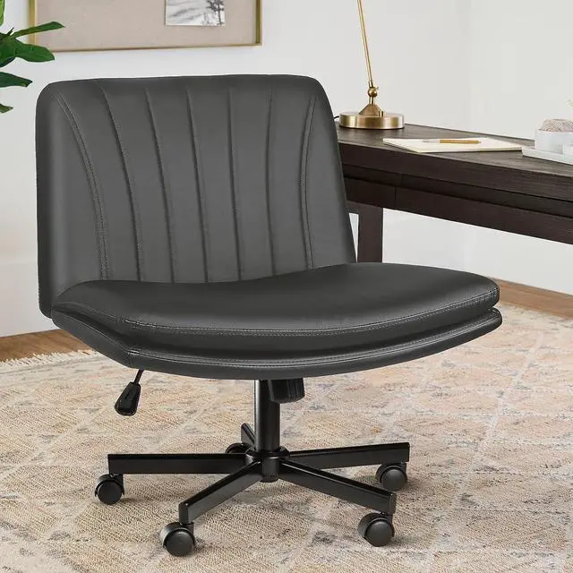 Main image of BOSSIN Armless Office Desk Chair with Wheels,Faux Leather Cross Legged Wide Chairs, Mid Back Swivel Computer Task Chairs for Home Office,Make Up,Small Space,Bed Room, Grey
