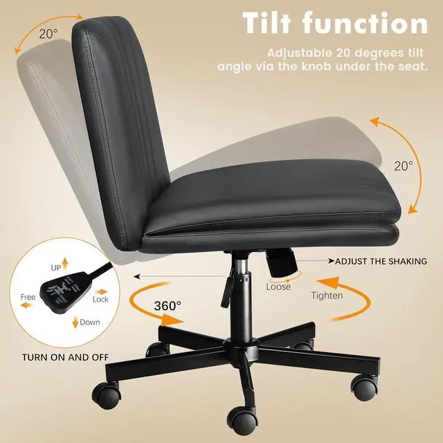 Alt view image 7 of 7 - BOSSIN Armless Office Desk Chair with Wheels,Faux Leather Cross Legged Wide Chairs, Mid Back Swivel Computer Task Chairs for Home Office,Make Up,Small Space,Bed Room, Grey