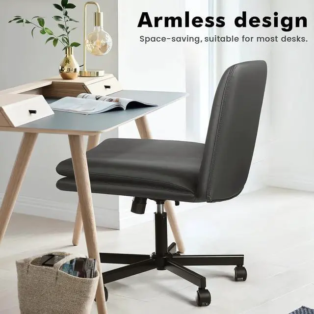 Alt view image 5 of 7 - BOSSIN Armless Office Desk Chair with Wheels,Faux Leather Cross Legged Wide Chairs, Mid Back Swivel Computer Task Chairs for Home Office,Make Up,Small Space,Bed Room, Grey