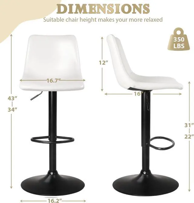 Alt view image 7 of 7 - BOSSIN Adjustable Swivel Bar Stools Set of 2,Counter Heigh Bar Stools with Back,350 LBS PU Leather Bar Stool for Kitchen Island,Upholstered Pub Stools with Footrest,Armless Dining Chairs for Bar White