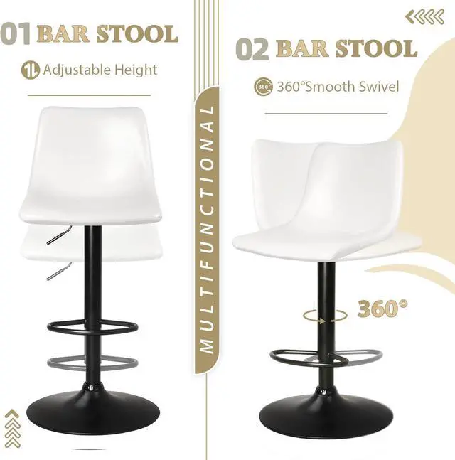Alt view image 3 of 7 - BOSSIN Adjustable Swivel Bar Stools Set of 2,Counter Heigh Bar Stools with Back,350 LBS PU Leather Bar Stool for Kitchen Island,Upholstered Pub Stools with Footrest,Armless Dining Chairs for Bar White