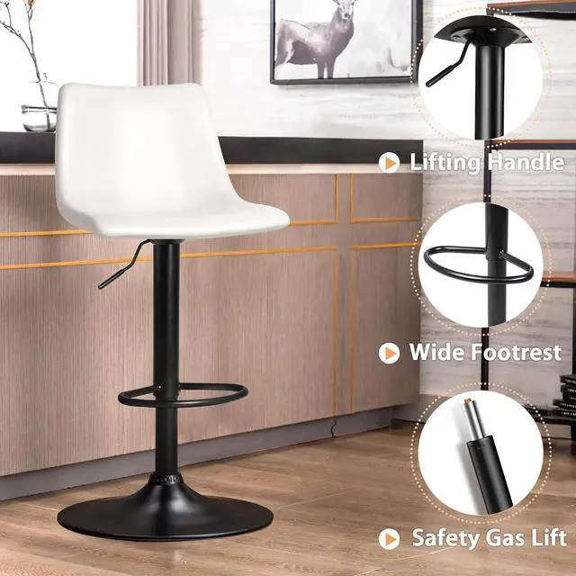 Alt view image 4 of 7 - BOSSIN Adjustable Swivel Bar Stools Set of 2,Counter Heigh Bar Stools with Back,350 LBS PU Leather Bar Stool for Kitchen Island,Upholstered Pub Stools with Footrest,Armless Dining Chairs for Bar White