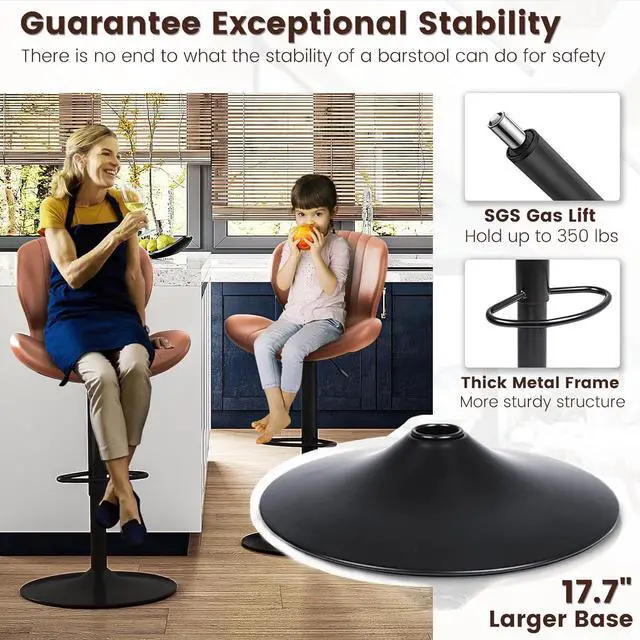 Alt view image 4 of 7 - BOSSIN Modern Adjustable Bar Stools Set of 2, Faux Leather Upholstered Swivel Counter Stools, Counter Height Bar Stool with Large Base, Easy 5 Minute Assembly for Kitchen Island