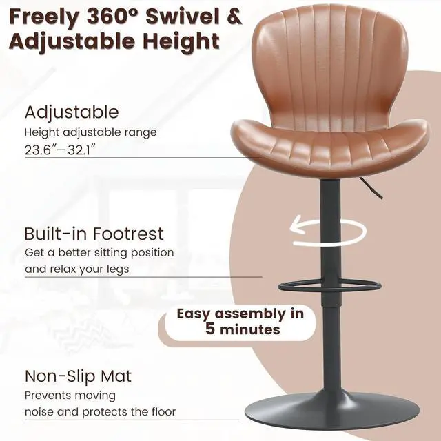 Alt view image 3 of 7 - BOSSIN Modern Adjustable Bar Stools Set of 2, Faux Leather Upholstered Swivel Counter Stools, Counter Height Bar Stool with Large Base, Easy 5 Minute Assembly for Kitchen Island