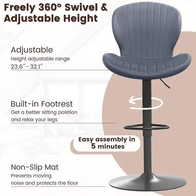 Alt view image 5 of 7 - BOSSIN Modern Adjustable Bar Stools Set of 2, Faux Leather Upholstered Swivel Counter Stools, Counter Height Bar Stool with Large Base, Easy 5 Minute Assembly for Kitchen Island