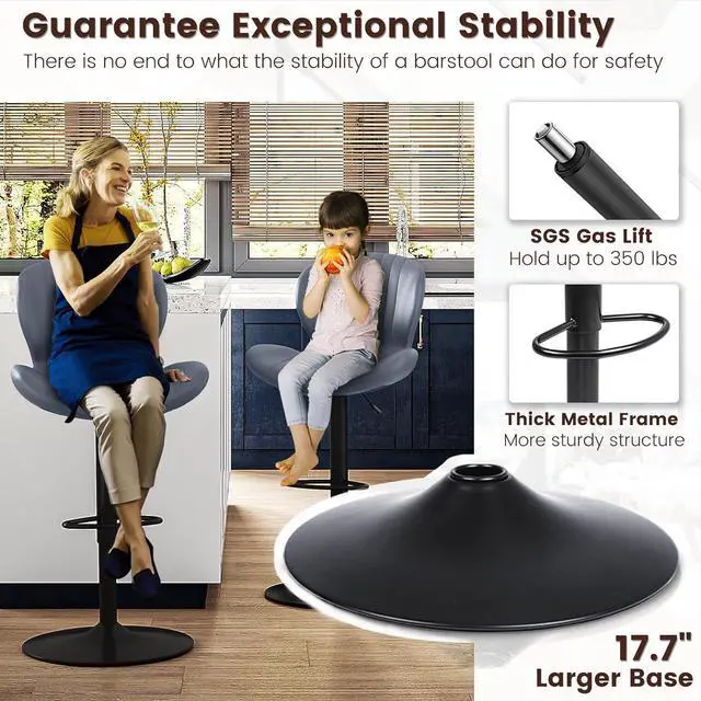 Alt view image 2 of 7 - BOSSIN Modern Adjustable Bar Stools Set of 2, Faux Leather Upholstered Swivel Counter Stools, Counter Height Bar Stool with Large Base, Easy 5 Minute Assembly for Kitchen Island