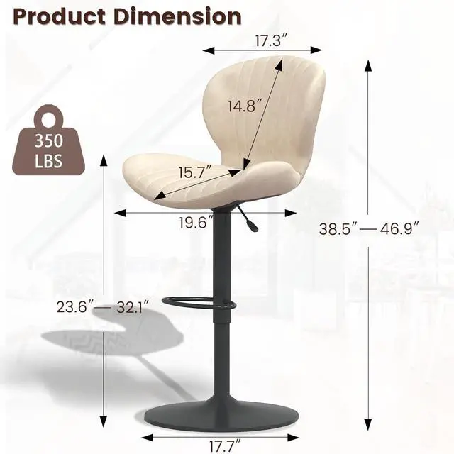 Alt view image 7 of 7 - BOSSIN Bar Stools Set of 2,Adjustable Swivel Counter Height Bar Stools with Back & Footrest,Modern Design Bar Chairs,Faux Leather Upholstered Barstools for Bar,Kitchen,Dining Room (Beige, Set of 2)