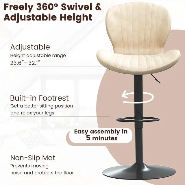 Alt view image 3 of 7 - BOSSIN Bar Stools Set of 2,Adjustable Swivel Counter Height Bar Stools with Back & Footrest,Modern Design Bar Chairs,Faux Leather Upholstered Barstools for Bar,Kitchen,Dining Room (Beige, Set of 2)