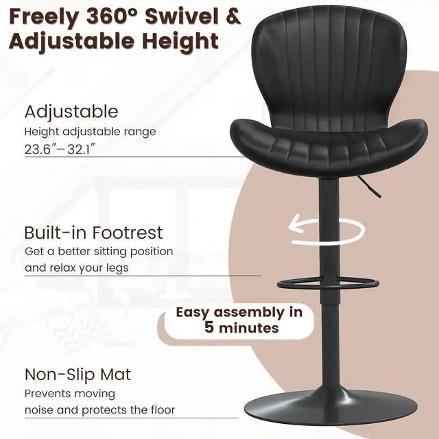 Alt view image 3 of 7 - BOSSIN Bar Stools Set of 2,Adjustable Swivel Counter Height Bar Stools with Back & Footrest,Modern Design Bar Chairs,Faux Leather Upholstered Barstools for Bar,Kitchen,Dining Room (Black, Set of 2)