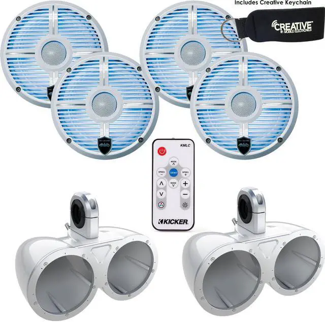 Main image of Two Pairs of Wet Sounds REVO6-XWW White 6.5" LED Speakers in KMTED White Enclosures with KMLC LED Controller