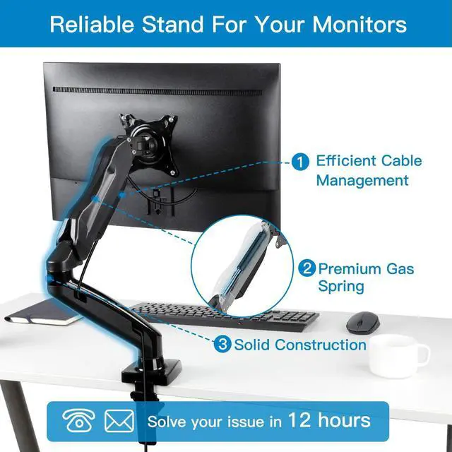 Alt view image 5 of 6 - Single Monitor Mount - Articulating Gas Spring Monitor Arm, Adjustable VESA Mount Desk Stand with Clamp and Grommet Base - Fits 17 to 27 Inch LCD Computer Monitors 4.4 to 14.3lbs