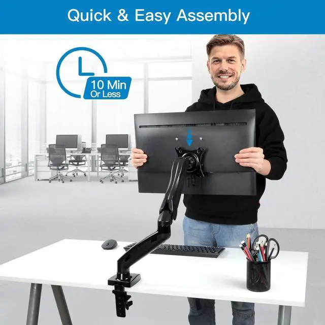 Alt view image 3 of 6 - Single Monitor Mount - Articulating Gas Spring Monitor Arm, Adjustable VESA Mount Desk Stand with Clamp and Grommet Base - Fits 17 to 27 Inch LCD Computer Monitors 4.4 to 14.3lbs