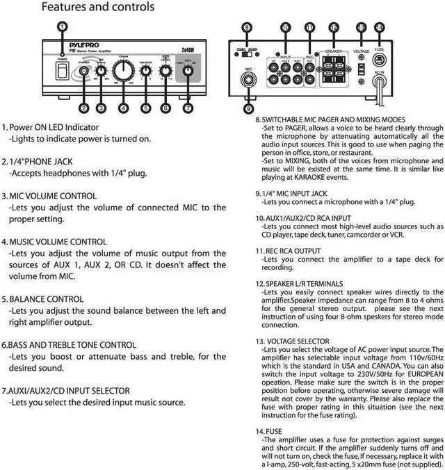 Alt view image 4 of 20 - Home Audio Power Amplifier System - 2X40W Mini Dual Channel Mixer Sound Stereo Receiver Box w/ AUX, Mic Input - For Amplified Speakers, PA, CD Player, Theater via RCA, Studio Use - Pyle PTA2
