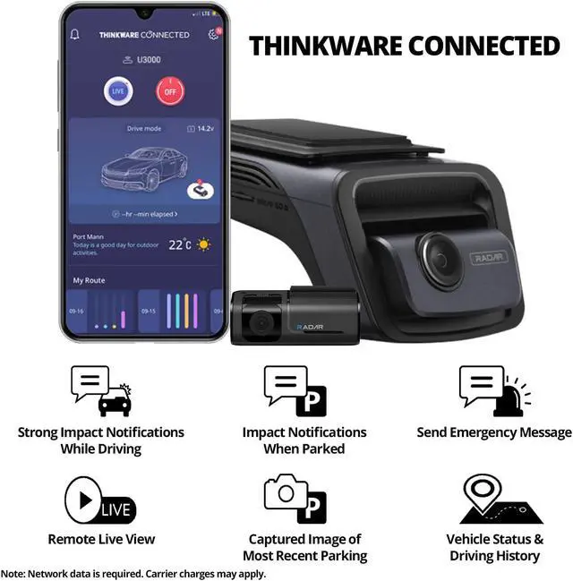 Alt view image 6 of 7 - THINKWARE U3000 4K Dash Cam Front and Rear 2CH STARVIS 2 Sensor Night Vision Dashcam for Car Camera 5GHZ WiFi GPS Radar Buffered Parking Mode CPL Speed Red Light OBD