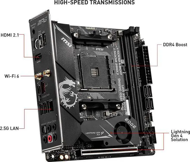 Alt view image 4 of 5 - MSI MPG B550I Gaming Edge MAX WiFi Gaming Motherboard (AMD AM4, DDR4, PCIe 4.0, SATA 6Gb/s, Dual M.2, USB 3.2 Gen 2, HDMI, Wi-Fi AX, Mini-ITX, AMD Ryzen 5000 Series Processors)