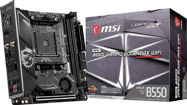 Main image of MSI MPG B550I Gaming Edge MAX WiFi Gaming Motherboard (AMD AM4, DDR4, PCIe 4.0, SATA 6Gb/s, Dual M.2, USB 3.2 Gen 2, HDMI, Wi-Fi AX, Mini-ITX, AMD Ryzen 5000 Series Processors)