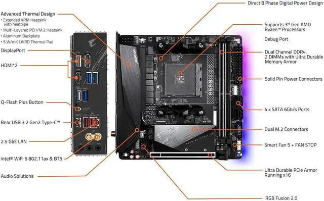 Alt view image 7 of 11 - GIGABYTE B550I AORUS PRO AX AM4 AMD B550 Mini-ITX Motherboard with Dual M.2, SATA 6Gb/s, USB 3.2 Gen 1, WIFI 6, 2.5 GbE LAN, PCIe 4.0