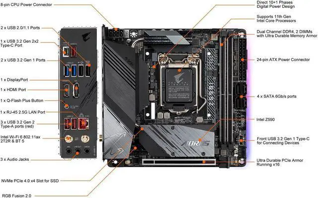 Alt view image 3 of 6 - GIGABYTE Z590I AORUS ULTRA LGA 1200 Intel Z590 Mini-ITX Motherboard with Dual M.2, PCIe 4.0, USB 3.2 Gen2X2 Type-C, Intel WIFI 6, Intel i225V 2.5GbE