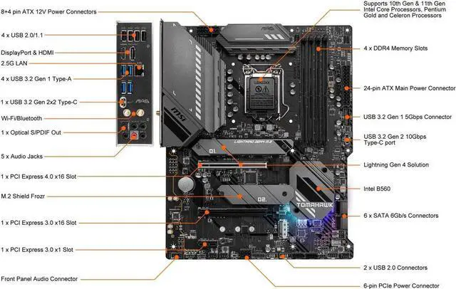 Alt view image 2 of 6 - MSI MAG B560 TOMAHAWK WIFI LGA 1200 Intel B560 SATA 6Gb/s ATX Intel Motherboard