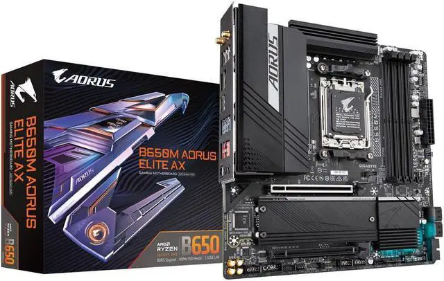 Main image of GIGABYTE B650M AORUS ELITE AX AM5 LGA 1718 AMD B650 M-ATX Motherboard, DDR5, 2 M.2, PCIe 5.0, USB 3.2 Gen2X2 Type-C, Intel 2.5GbE LAN, Q-Flash Plus, EZ-Latch