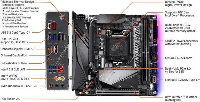 Alt view image 5 of 6 - GIGABYTE Z490I AORUS ULTRA LGA 1200 Intel Z490 Mini-ITX Motherboard with Dual M.2, SATA 6Gb/s, USB 3.2 Gen 2, WIFI 6, 2.5 GbE LAN