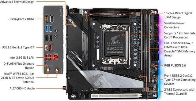 Alt view image 5 of 6 - GIGABYTE Z690I AORUS ULTRA LITE DDR4 (rev. 1.0) LGA 1700 Intel Z690 SATA 6Gb/s Mini ITX Intel Motherboard