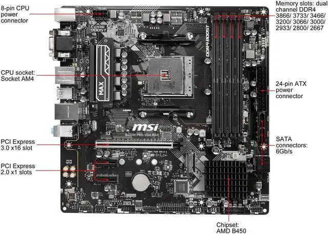 Alt view image 6 of 9 - MSI PRO B450M PRO-VDH MAX AM4 AMD B450 SATA 6Gb/s Micro ATX AMD Motherboard