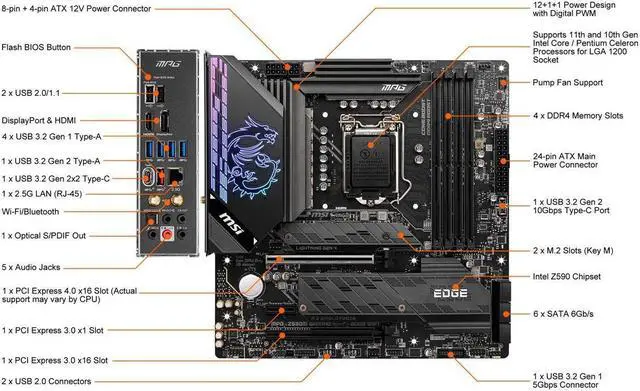 Alt view image 6 of 6 - MSI MPG Z590M GAMING EDGE WIFI LGA 1200 Intel Z590 SATA 6Gb/s Micro ATX Intel Motherboard