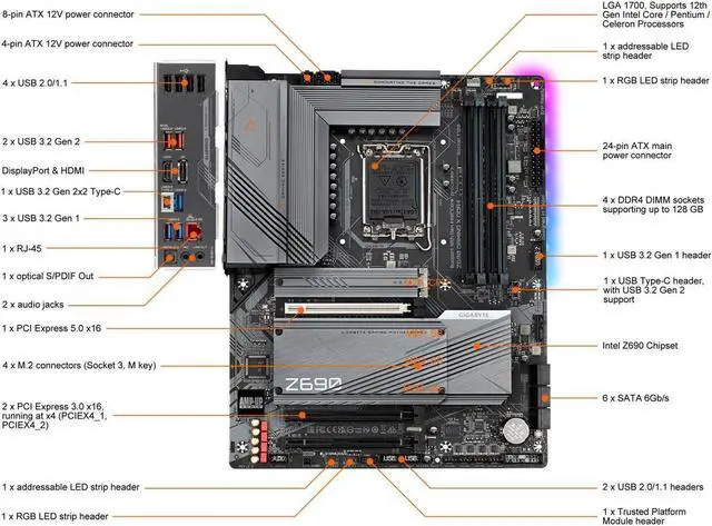 Alt view image 6 of 6 - GIGABYTE Z690 GAMING X DDR4 LGA 1700 Intel Z690 ATX Motherboard with DDR4 (REV 1.0), Quad M.2, PCIe 5.0, USB 3.2 Gen2X2 Type-C, 2.5GbE LAN