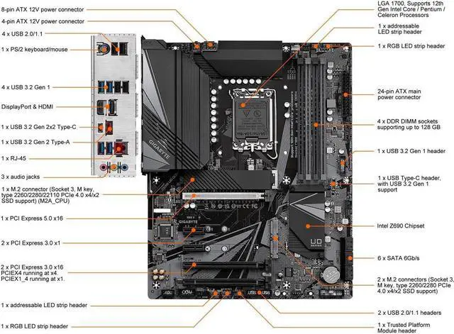 Alt view image 6 of 6 - GIGABYTE Z690 UD DDR4 LGA 1700 Intel Z690 ATX Motherboard with DDR4, Triple M.2, PCIe 5.0, USB 3.2 Gen2X2 Type-C, 2.5GbE LAN
