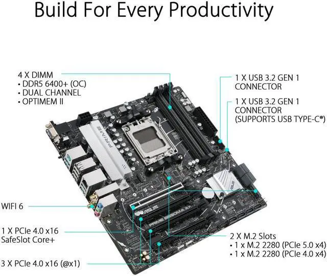 Alt view image 4 of 5 - ASUS Prime B650M-A AX AMD B650(Ryzen 7000) Micro-ATX motherboard(DDR5, PCIe 5.0 M.2 support, 2.5Gb Ethernet, Wi-Fi 6, DisplayPort, HDMI ,USB 3.2 Gen 2 ports, front USB 3.2 Gen 1 Type-C)